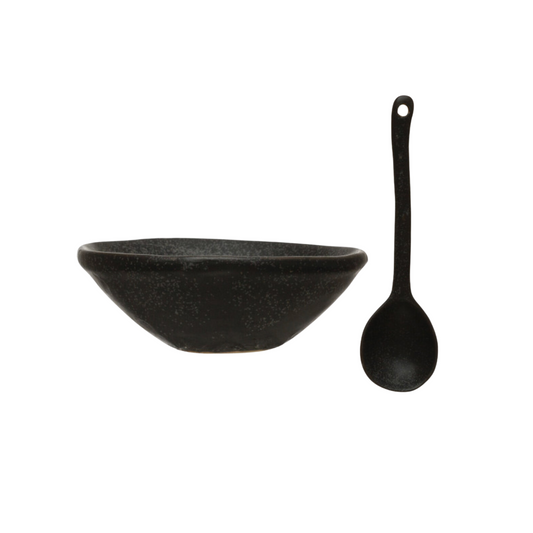 Stoneware Bowl and Spoon Set - Black