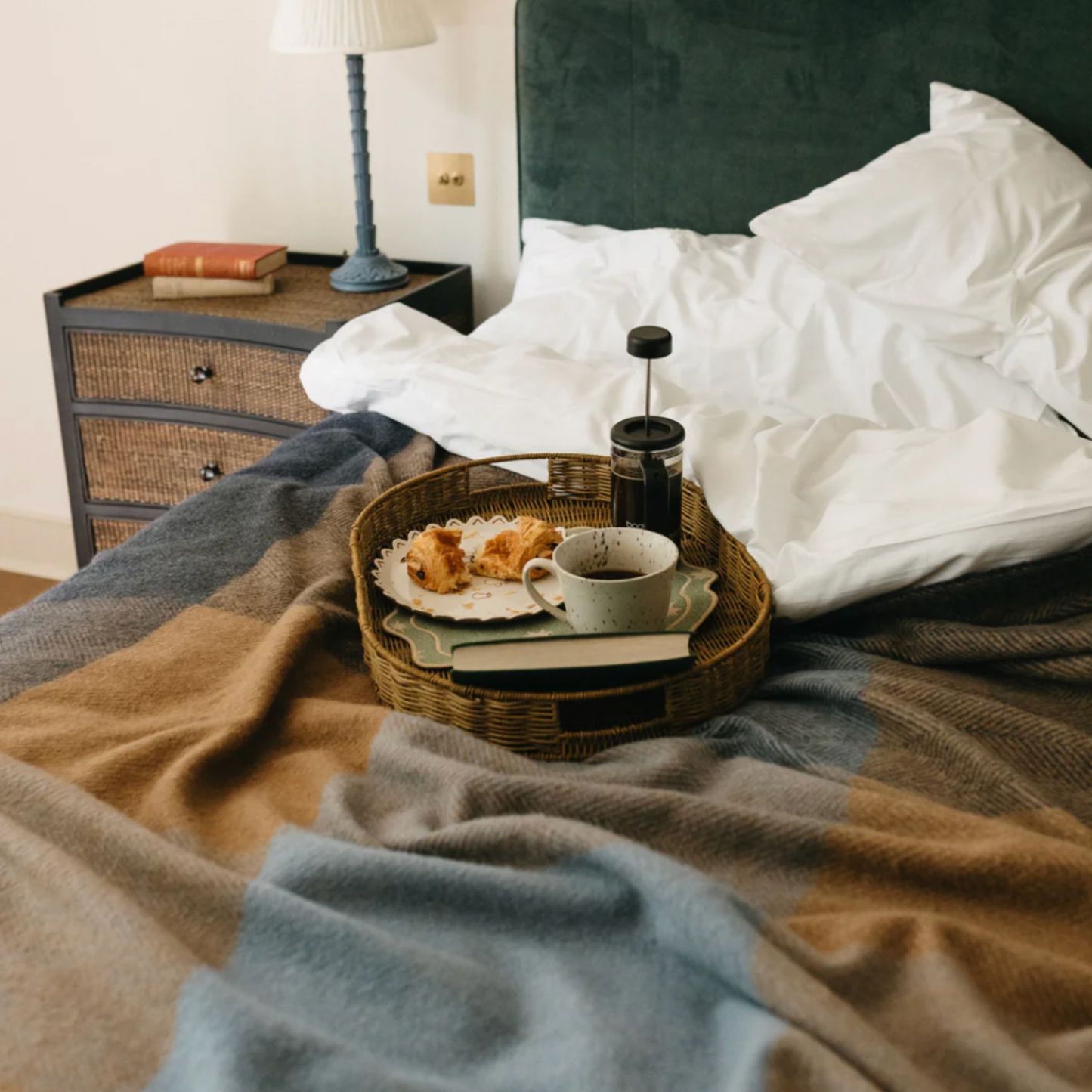 Recycled Wool Blanket - Blue Herringbone Block Check