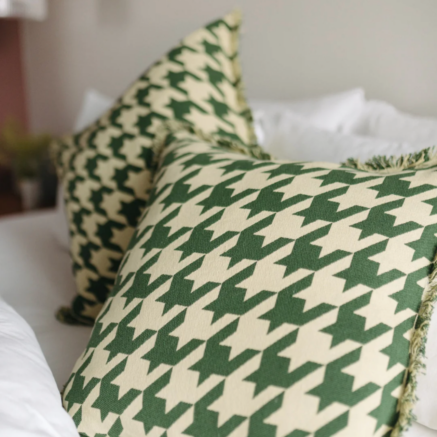 Houndstooth Cotton Cushion - Green